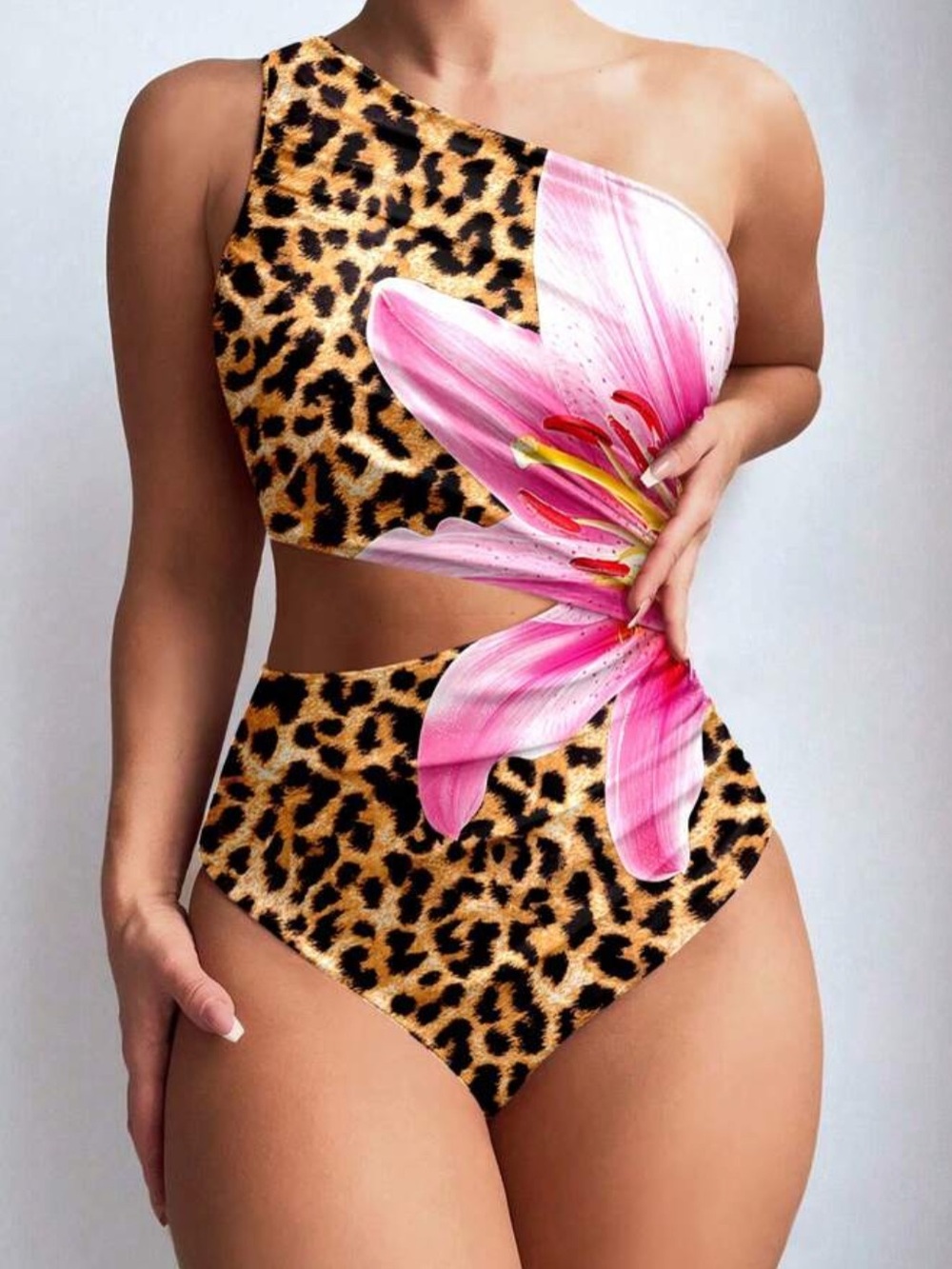 One-Shoulder Leopard & Pink Lily Cutout Swimsuit